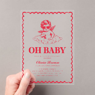 Pink and Red Retro Cherub Baby Shower Acrylic Invitations