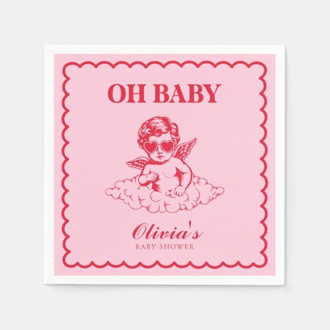 Pink and Red Retro Cherub Baby Shower Napkin (Front)