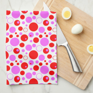 Pink and Red Retro Circles and Polka Dots on Pink Tea Towel