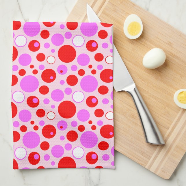 Pink and Red Retro Circles and Polka Dots on Pink Tea Towel (Quarter Fold)
