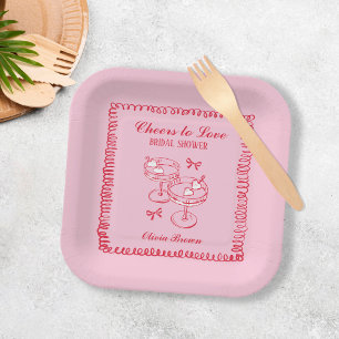 Pink and Red Retro Hand Drawn Bridal Shower Paper Plate