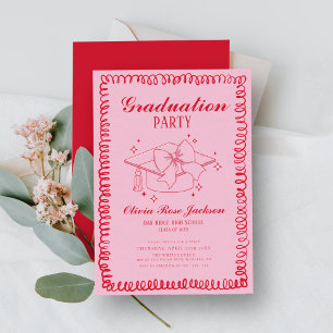 Pink and Red Retro Hand Drawn Graduation Party Invitation