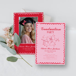 Pink and Red Retro Hand Drawn Photo Graduation Invitation