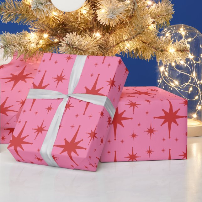 Pink and Red Retro Modern Starburst Pattern Wrapping Paper (Holidays)