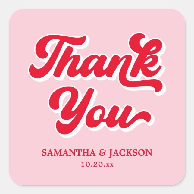 Pink and Red Retro Thank You Wedding  Square Sticker (Front)