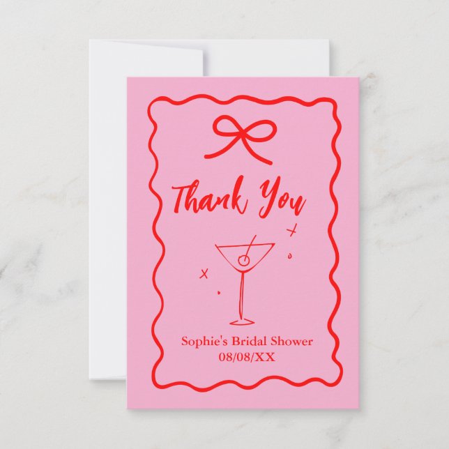 Pink And Red Retro Wavy Bridal Shower  Thank You Card (Front)