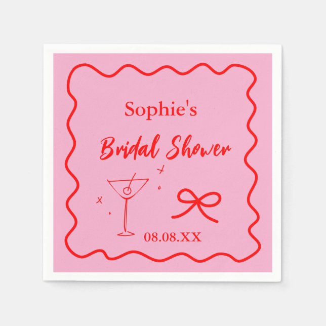 Pink And Red Retro Wavy Cocktail Napkins  (Front)