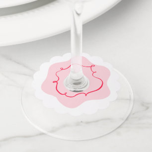 Pink and red retro wavy hand drawn bridal shower wine glass tag