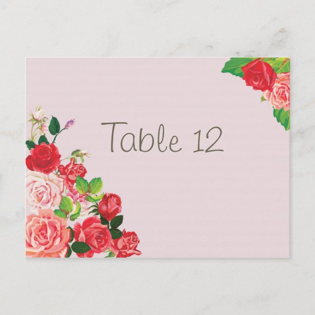 Pink and Red Rose Table Number Card Wedding (Front)