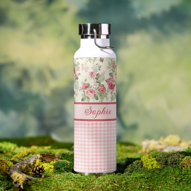 Pink and Red Roses and Gingham Check Monogrammed Water Bottle (Outdoor)