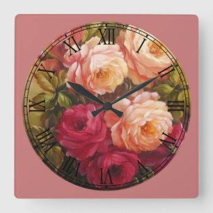 Pink and Red Roses Fine Art Roman Numeral Square Wall Clock