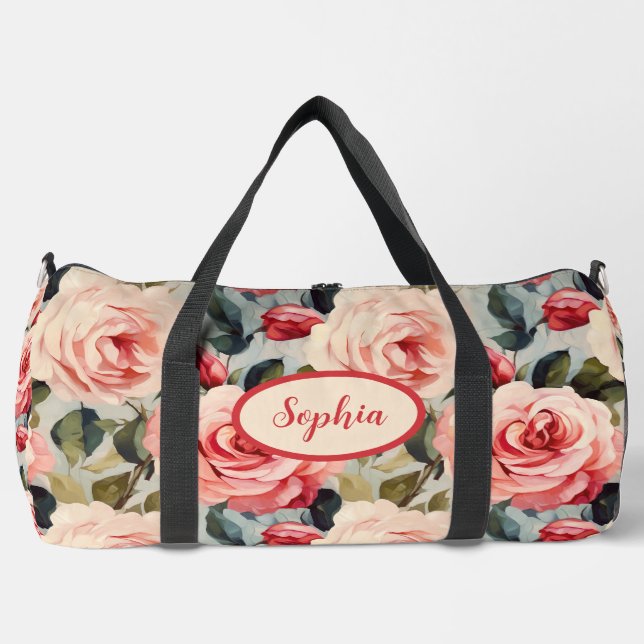 Pink And Red Roses Floral Pattern Duffle Bag (Front)