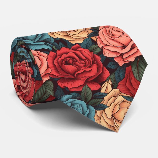 pink and red roses pattern tie (Rolled)