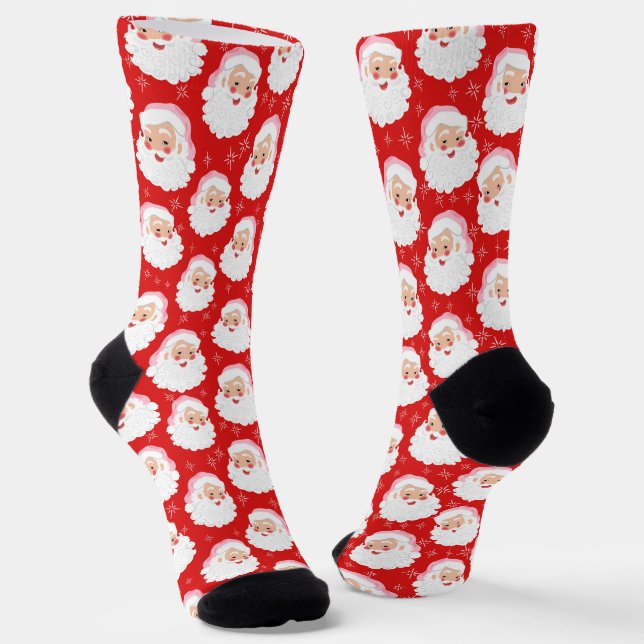 Pink and Red Santa Claus Faces Vintage Christmas Socks (Angled)