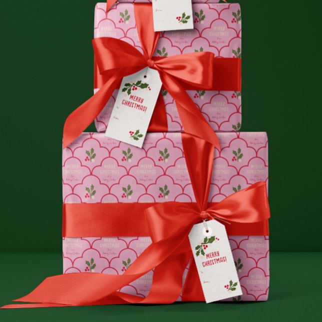 Pink and Red Scallop Tile Christmas Sprigs Wrapping Paper (pretty pink Christmas gift wrap with custom text and red scalloped pattern and festive holly sprigs)