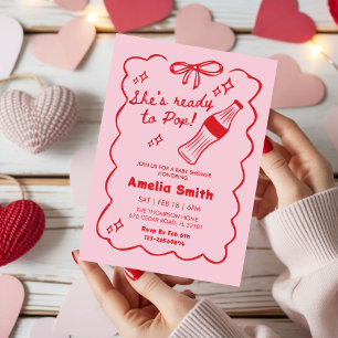 Pink and red She's Ready to Pop Soda Baby shower Invitation
