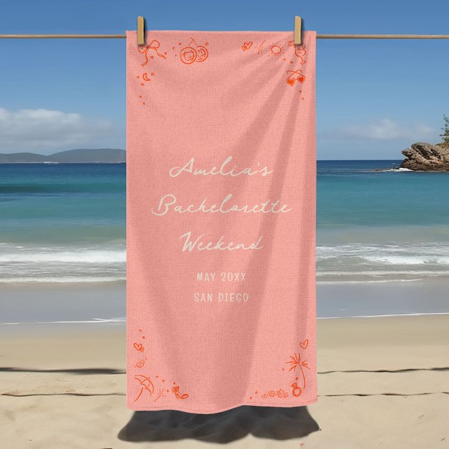 Pink and Red Sketch Bachelorette Weekend Party Beach Towel (Pink and red hand drawn sketch illustrations girly icons bachelorette weekend party beach towel.)