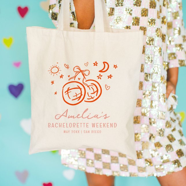 Pink and Red Sketch Disco Bachelorette Weekend Tote Bag (Pink and red bachelorette party icon illustrations market tote bag.)