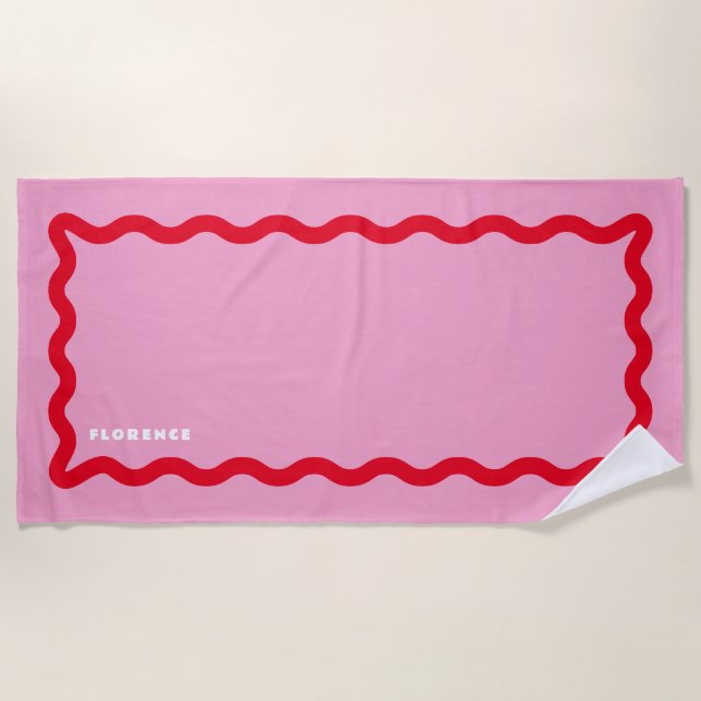 Pink and Red Squiggle with Text Beach Towel (Front)