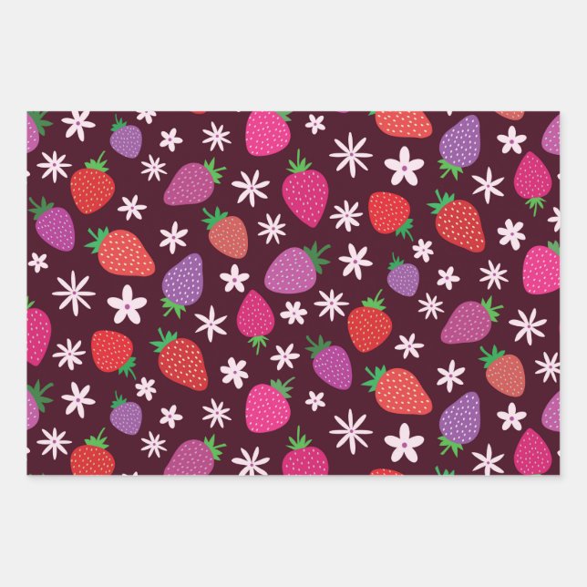 Pink and Red Strawberries with White Flowers  Wrapping Paper Sheet (Front)