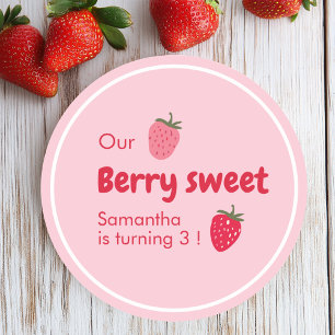 Pink and Red Strawberry Birthday Classic Round Sticker
