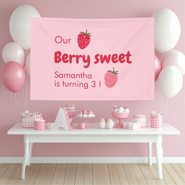 Pink and Red Strawberry Birthday Party  Banner (Creator Uploaded)