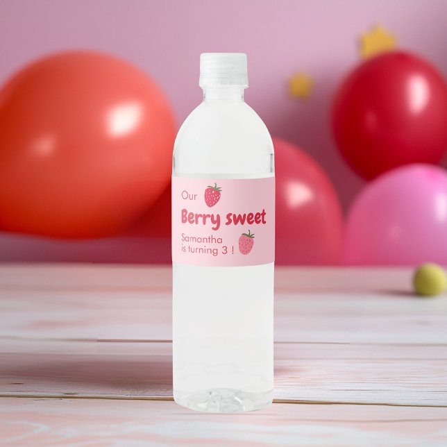 Pink and Red Strawberry Birthday Party Water Bottle Label (Creator Uploaded)