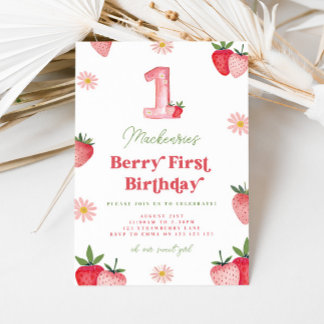 Pink and Red Strawberry Daisy Berry First Birthday Invitation