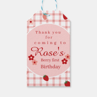 Pink and Red Strawberry First Birthday Gift Tags