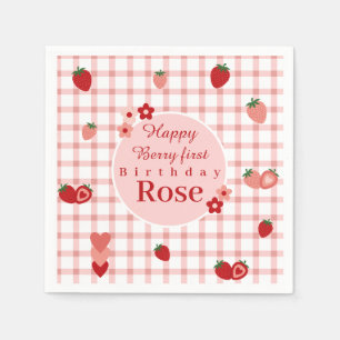 Pink and Red Strawberry First Birthday Napkin