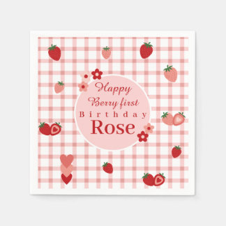Pink and Red Strawberry First Birthday Napkin