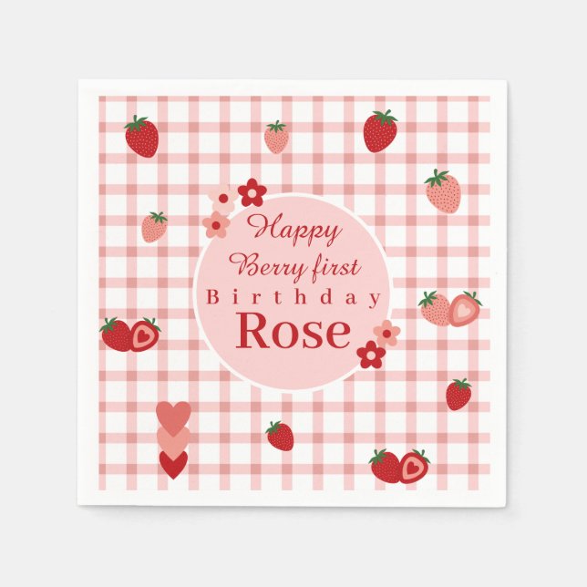 Pink and Red Strawberry First Birthday Napkin (Front)