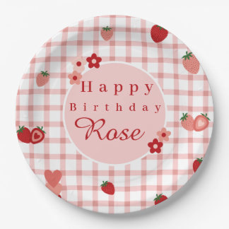 Pink and Red Strawberry First Birthday Plate