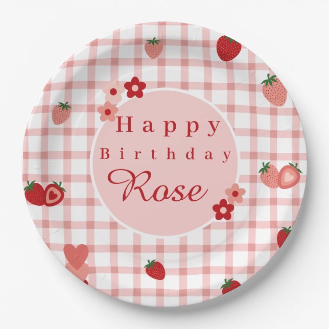 Pink and Red Strawberry First Birthday Plate (Front)