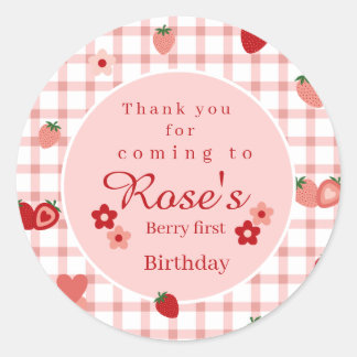 Pink and Red Strawberry First Birthday thank you Classic Round Sticker