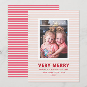 Pink and Red Stripe Very Merry Photo Holiday Card