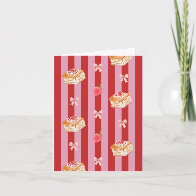 Pink and red striped card with cake pattern (Front)