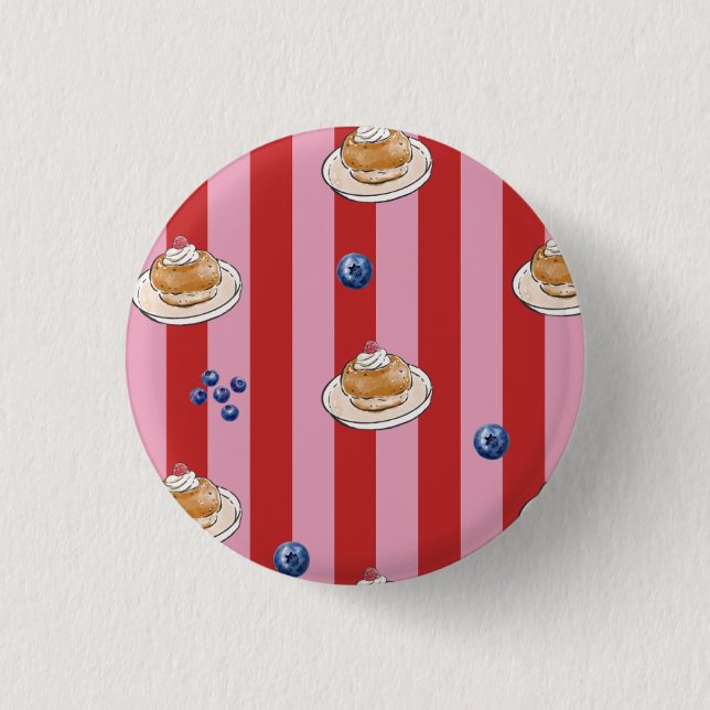 Pink and red striped card with cake pattern 3 cm round badge (Front)