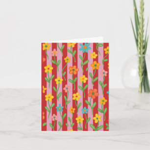 Pink and red striped card with colourful flowers