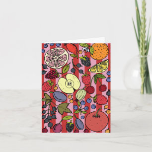 Pink and red striped card with colourful fruit