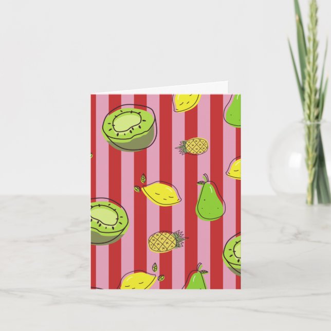 Pink and red striped card with fruit pattern (Front)