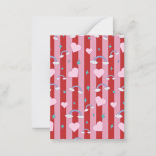 Pink and red striped card with rainbows and hearts