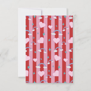 Pink and red striped card with rainbows and hearts