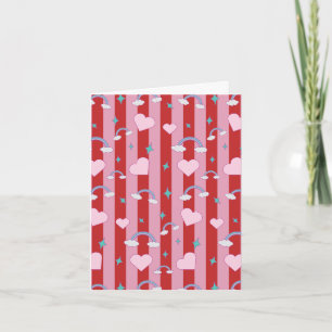 Pink and red striped card with rainbows and hearts