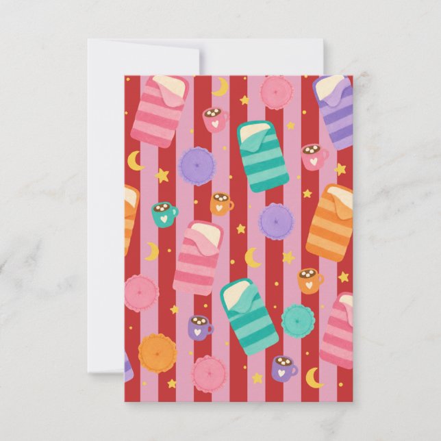 Pink and red striped card with sleepover pattern (Front)