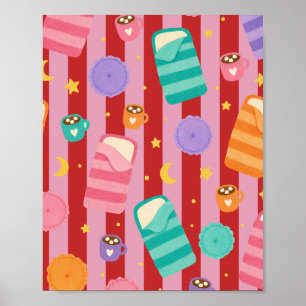 Pink and red striped card with sleepover pattern poster