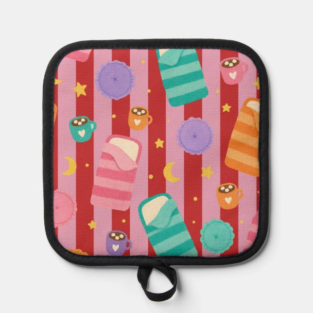 Pink and red striped card with sleepover pattern pot holder (Front)
