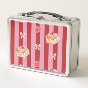 Pink and red striped design with cake pattern metal lunch box