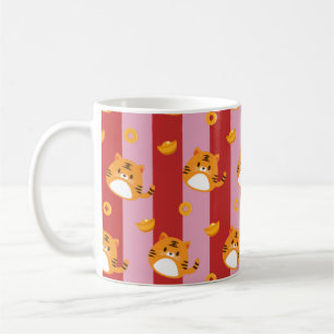 Pink and red striped mug with cat pattern