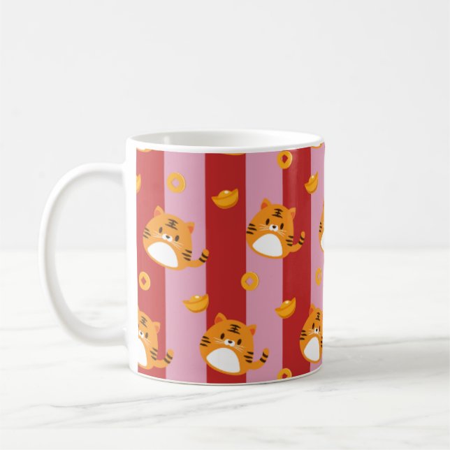 Pink and red striped mug with cat pattern  (Left)